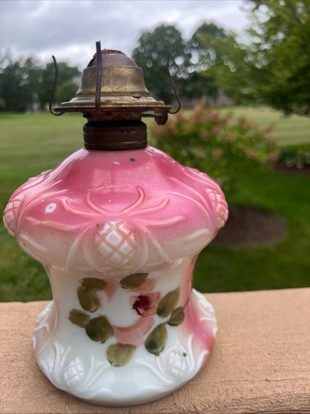 ANTIQUE VICTORIAN MILK GLASS OIL LAMP WITH HAND PAINTED DECORATION Dated 1919